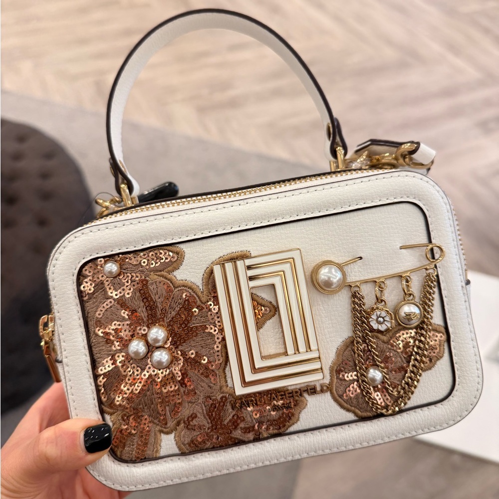 Karl‎ Lagerfeld Paris Floral Pearl Embellished Camera Crossbody Bag Ivory Gold